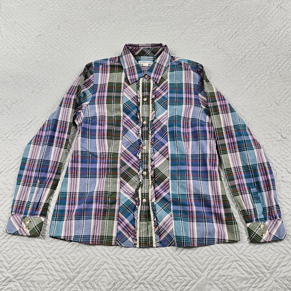Pendleton Shirt Womens L Multicolor Plaid Long Sleeve Button Up Ruffles - NWOT